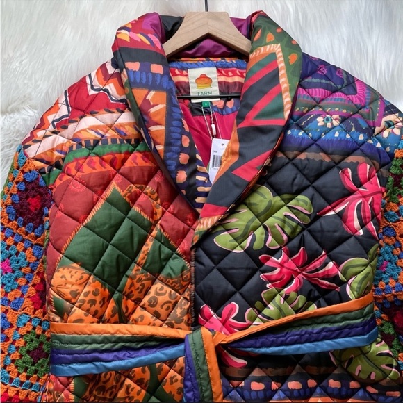 FARM RIO Patchwork Tapestry Crochet-Sleeve Puffer Jacket Coat Small NWT - Picture 8 of 14